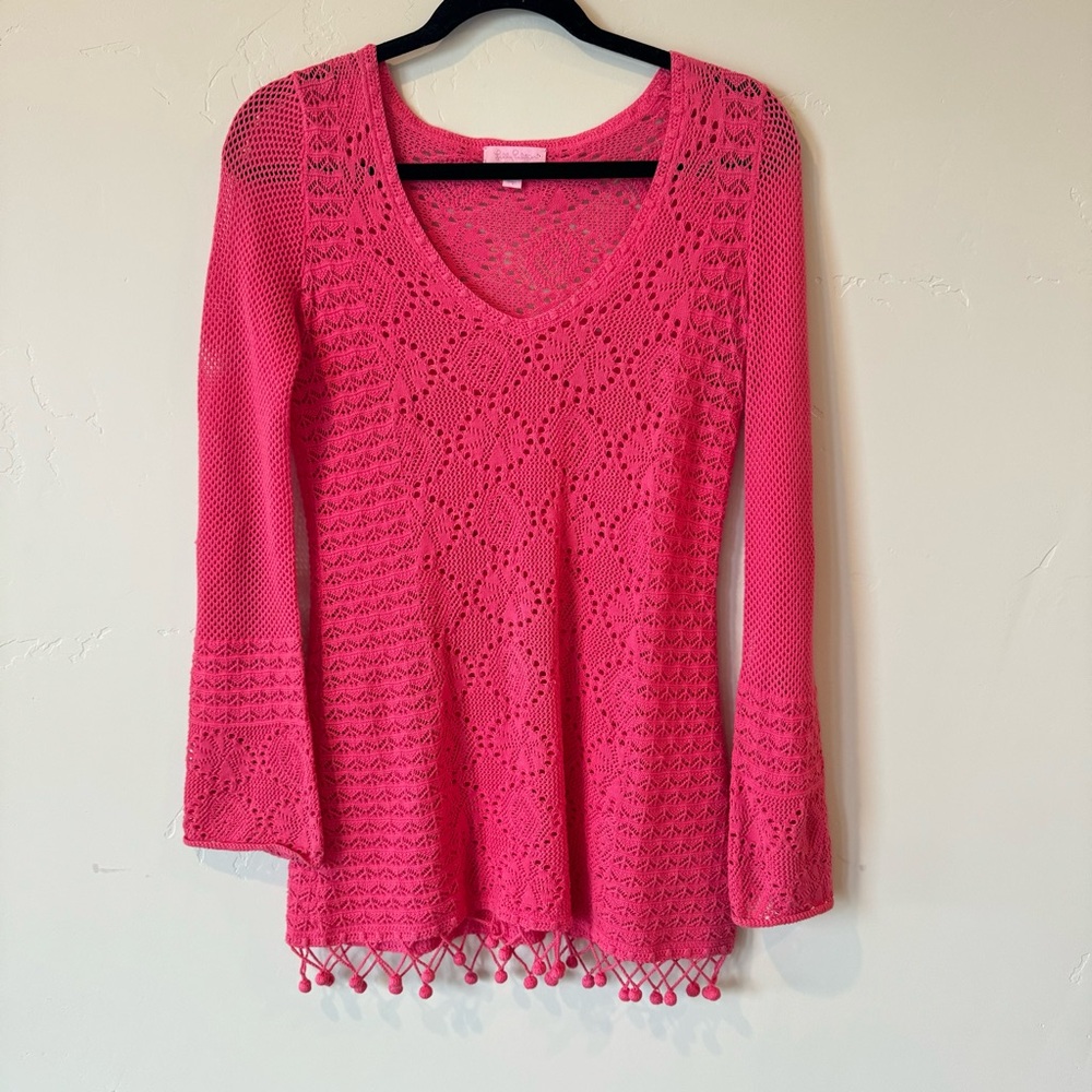 Lilly Pulitzer Athena Crochet Pom Pom Hem Sweater, XS